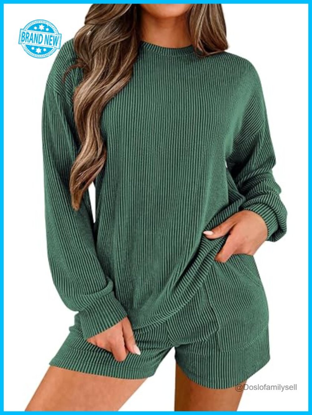Ribbed Knit Long Sleeve Top and Shorts Matching Lounge Set with Pockets